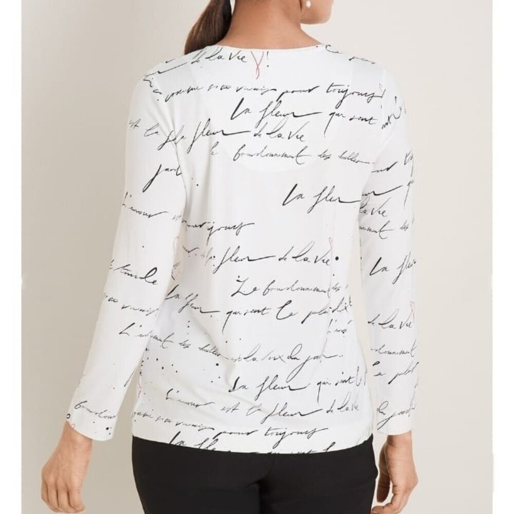 Chico's Script Print Layering Long Sleeve Tee Size Large - Picture 2 of 8